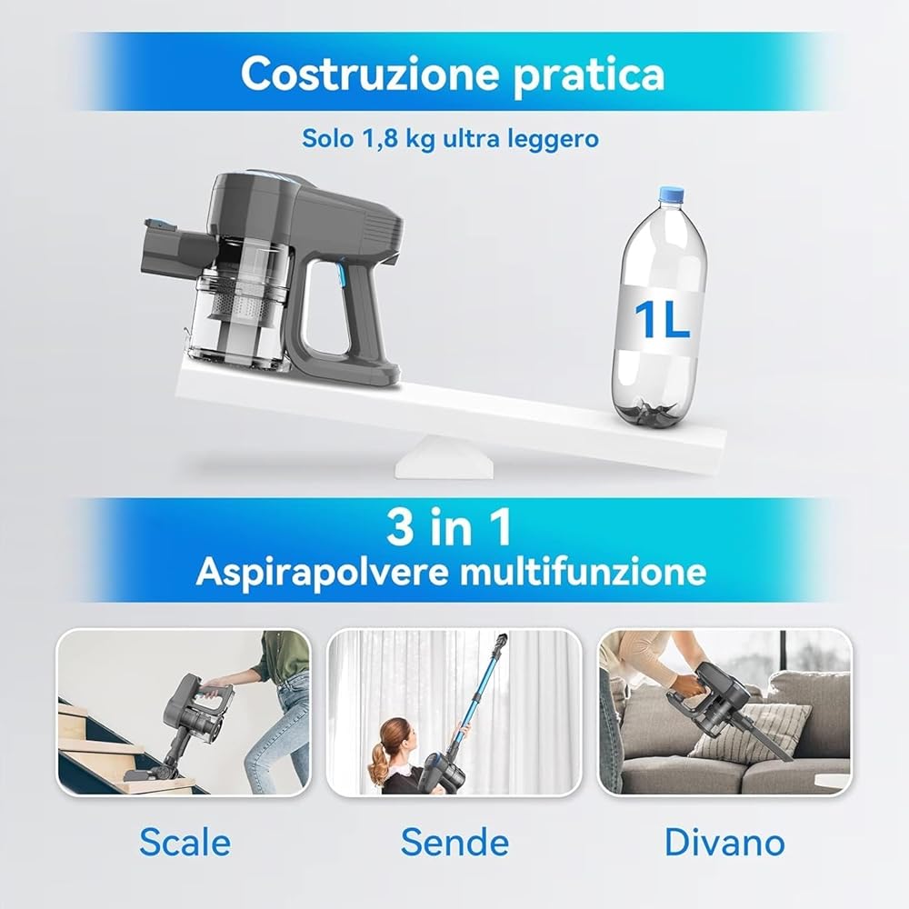 Aspirateur Balai sans Fil N300, 25KPa & 2 Vitesses, Aspirateur sans fil 175W, Aspirateur Léger, 50Min Autonomie, 6 en 1 Aspirateur Balai sans Sac pour Les Poils d'animaux, Tapis, Canapé, Voiture : Cuisine et Maison