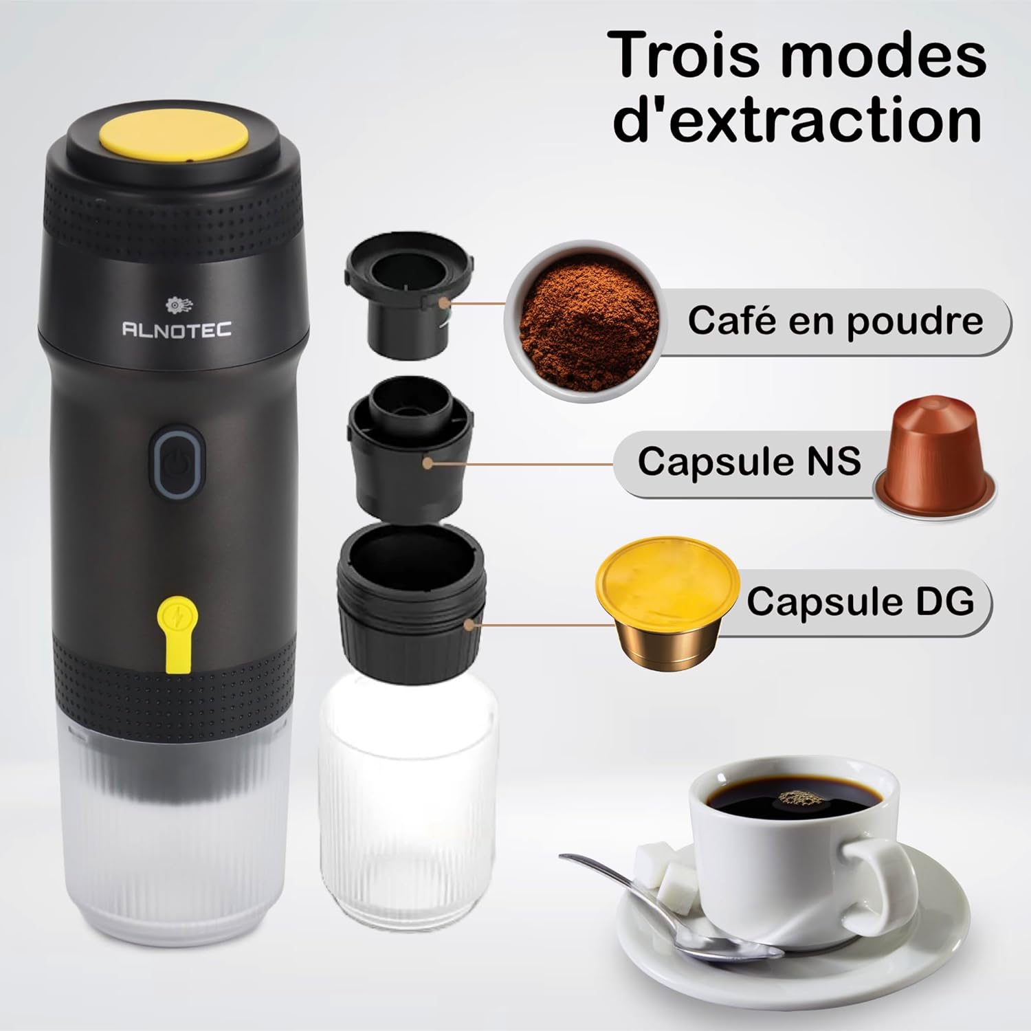 ALNOTEC-Machine à Café Portable-Machine à expresso portable-électrique-Auto Chauffante-Compatible Capsules NES DG & Café Moulu-Chargeurs 220V,USB et Voiture-Brassage Froid/Chaud-cafetière rechargeable