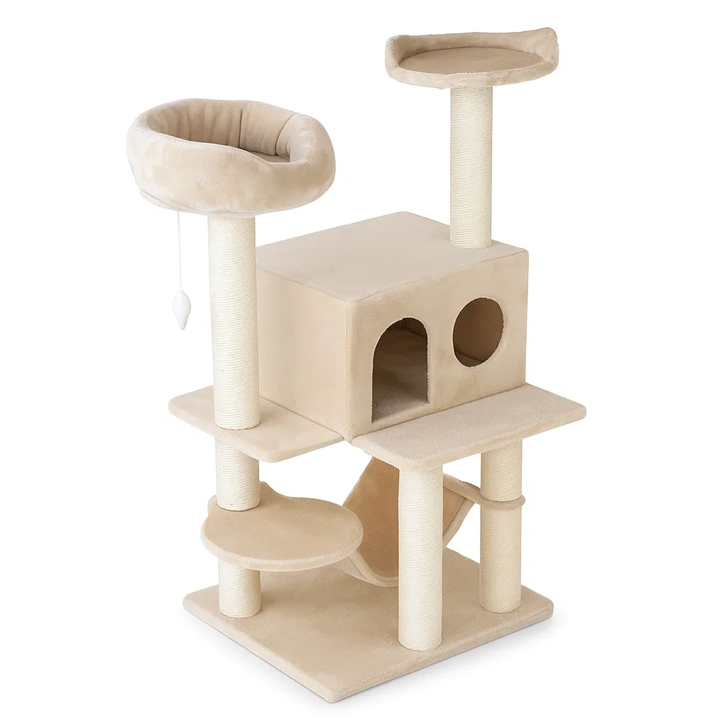 Arbre à chat en peluche beige avec 3 niveaux