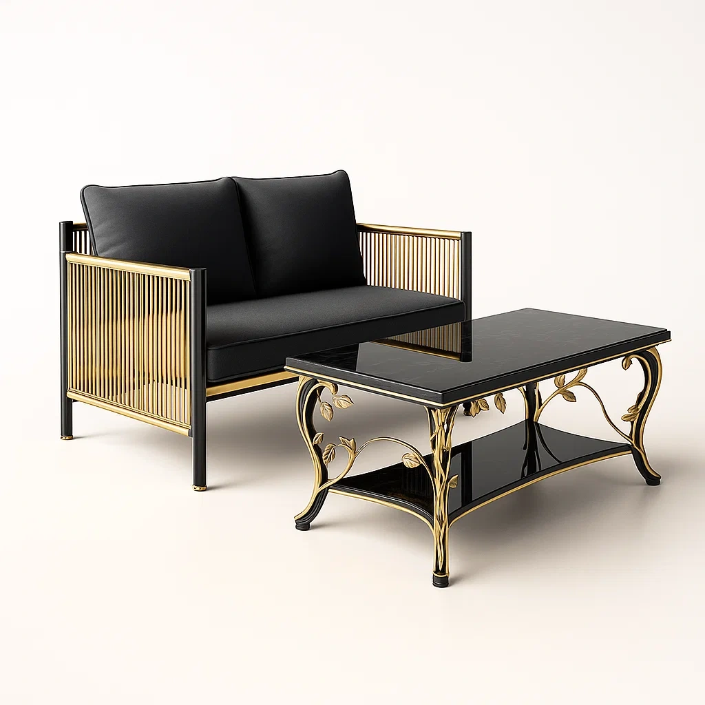 Salon de réception en métal et verre noir/or