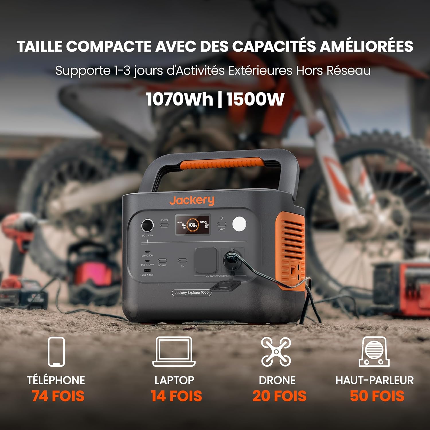 Jackery Explorer 1000 v2 Générateur Électrique Portable avec 100W Panneau Solaire, 1070Wh Batterie LFP, 1500W CA/100W USB-C Sortie, Charge Complète Rapide 1H via APP pour Plein Air,Camping-car,Urgence