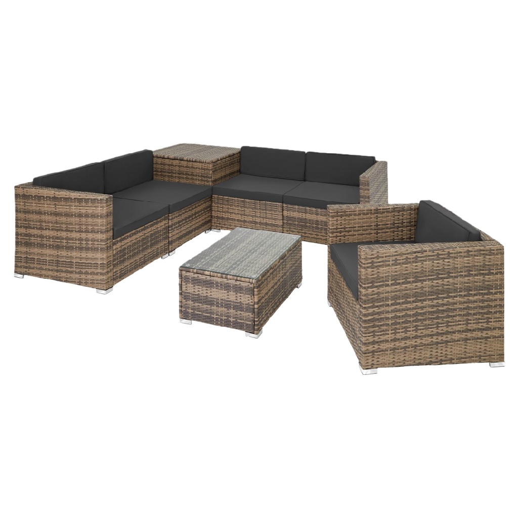 Salon de jardin modulable 7 pièces – résine tressée marron et coussins gris foncé – table basse en verre