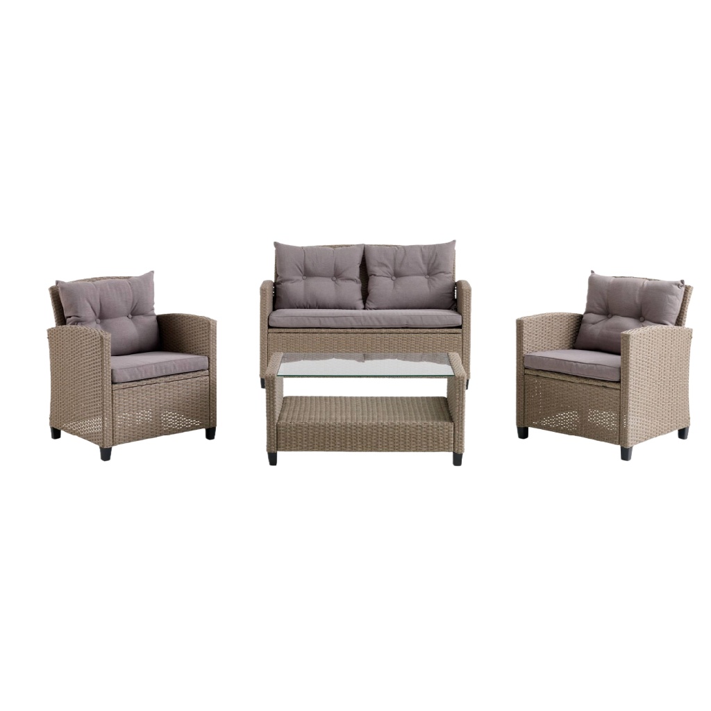 Salon de jardin 4 pièces en résine tressée beige, canapé + 2 fauteuils + table basse en verre