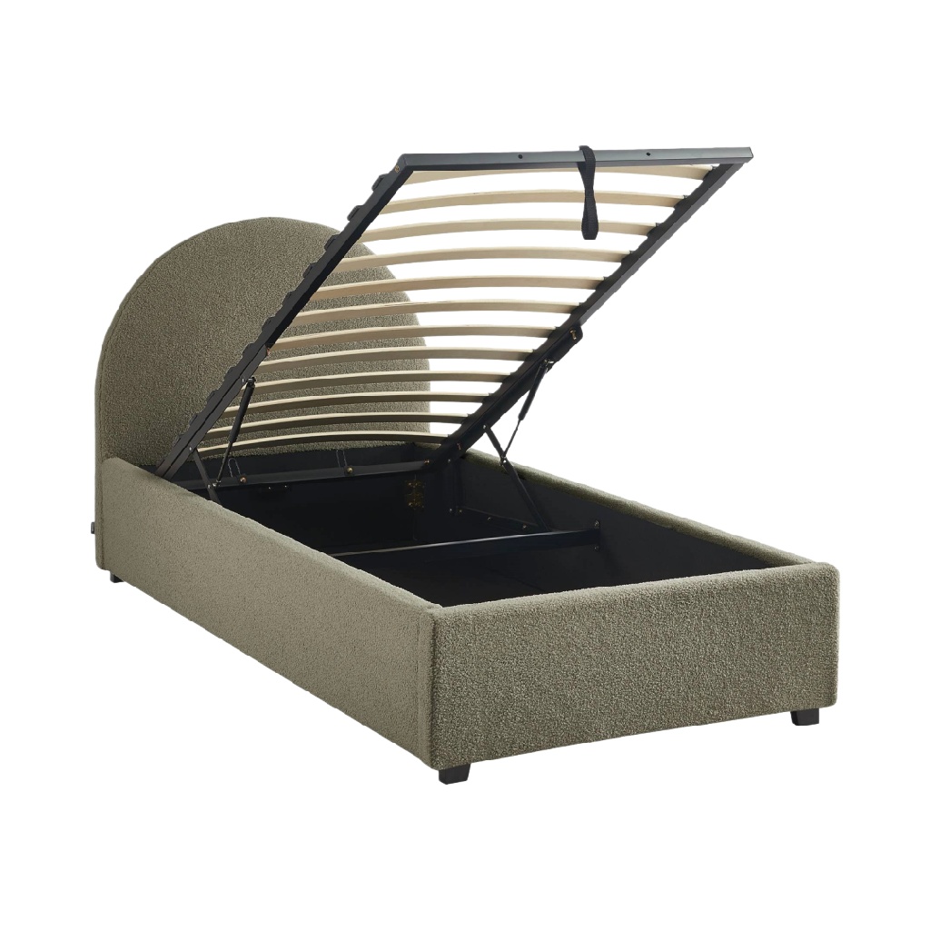 Lit simple avec rangement sous sommier — Tête de lit arrondie en tissu bouclé