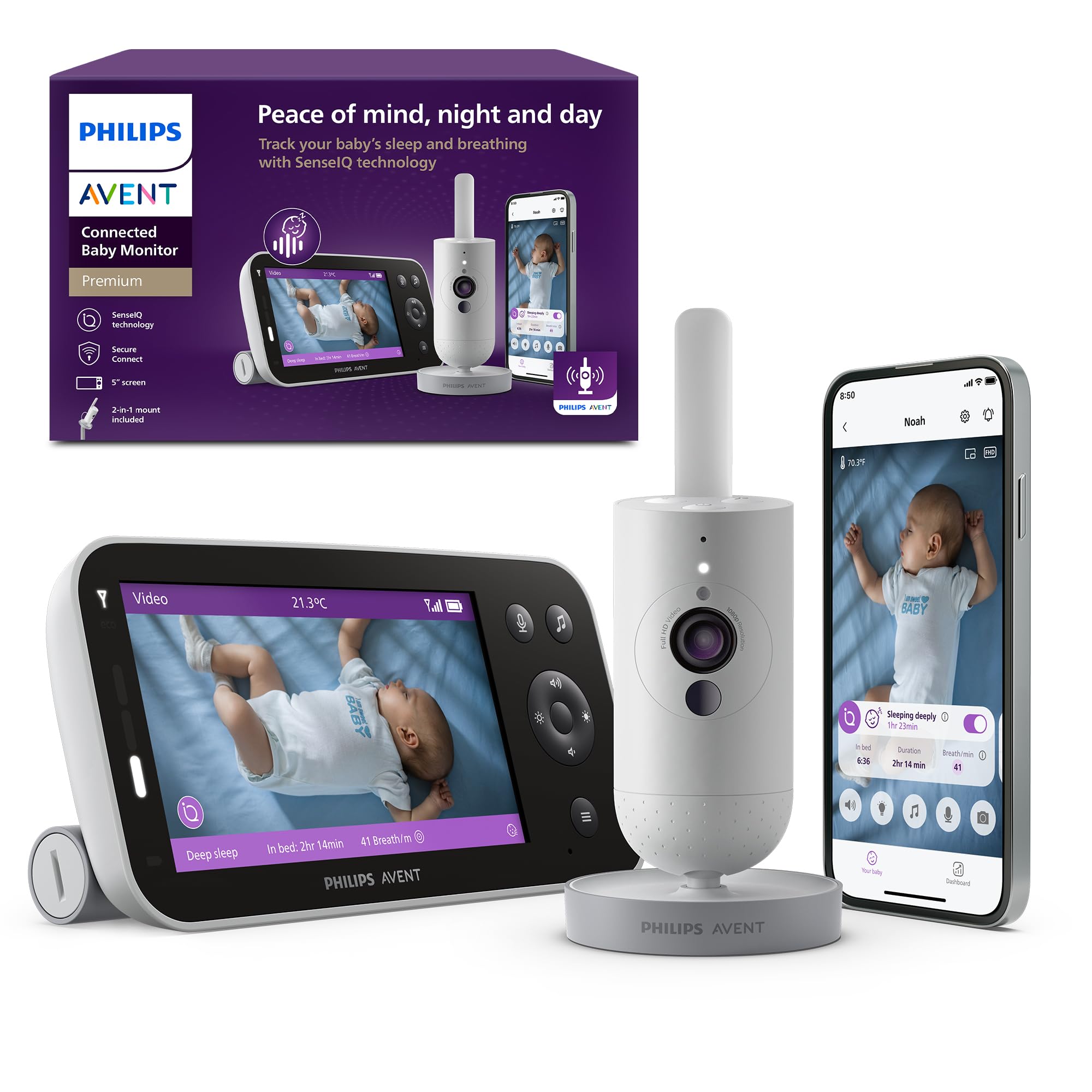 AVENT Philips Babyphone vidéo connecté HD, Moniteur Le Plus avancé à ce Jour, Suivi IA du Sommeil et de la Respiration, Application, Affichage Jour et
