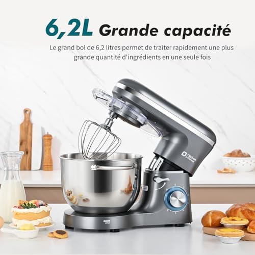 Kitchen in the box Robot Pâtissier 1400W, Bol 6,2L en Acier Inoxydable, 6 Vitesses, Fouet, Crochet et Batteur Inclus, Idéal pour Pâtisserie et Boulangerie (Gris) : Cuisine et Maison