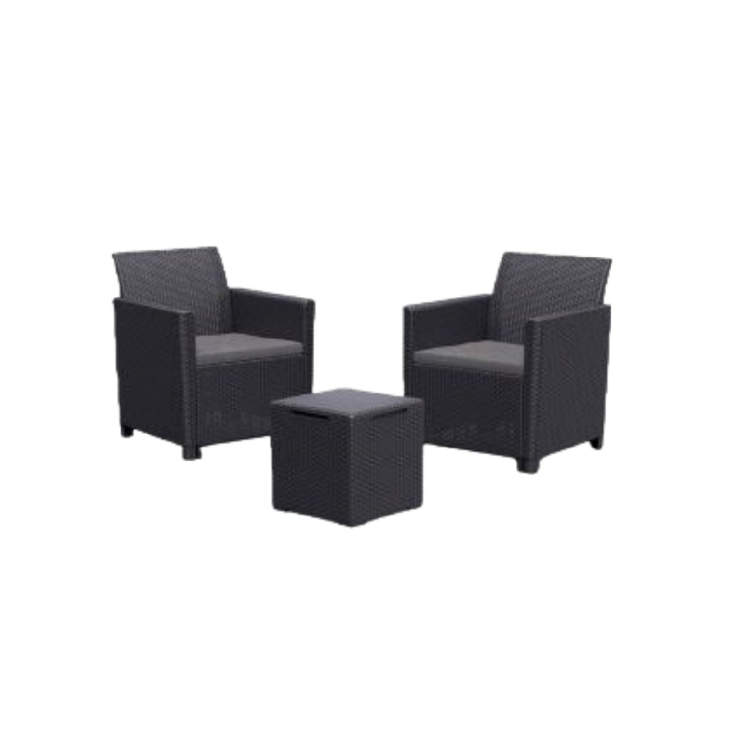 Salon de jardin 3 pièces en résine tressée gris anthracite, 2 fauteuils + 1 table basse