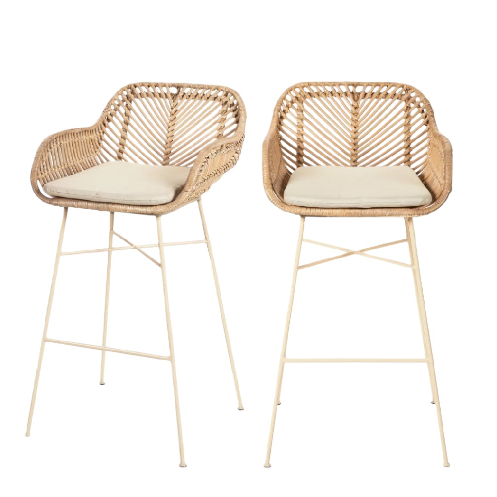 Lot de 2 tabourets de bar en rotin naturel et métal crème avec coussin beige