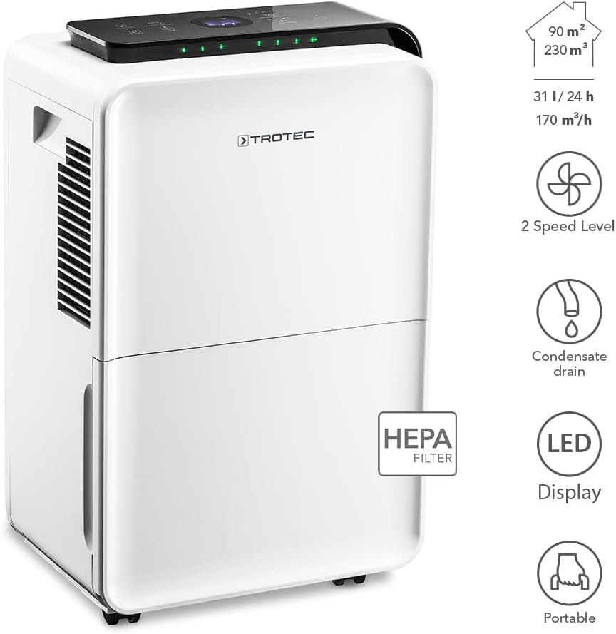 TROTEC Déshumidificateur-purificateur TTK 99 HEPA | filtration HEPA | Appareil pour pièces de 90 m²/230 m³ max. | Capacité de déshumidification max. de 31 litres/24 heures