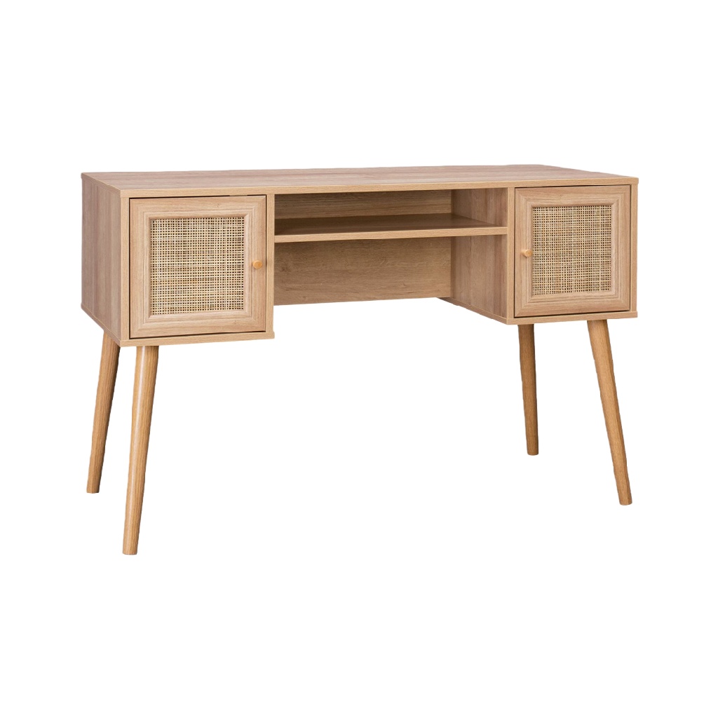 Bureau en bois clair avec portes en rotin et compartiment central — Style nordique