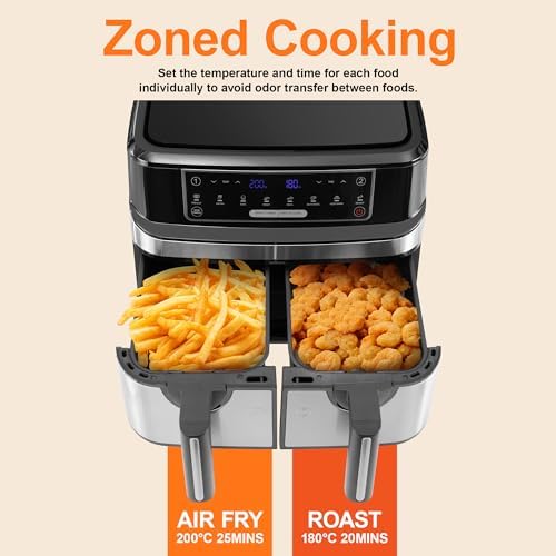 Air Fryer avec Double Compartiment, Emphsism Friteuse Sans Huile 9L Avec 8 Programmes 2600W, Friteuse à Air Chaud, Fonctions Match Cook & Smart Finish, Friteuse Electrique avec LED Écran Tactile : Cuisine et Maison