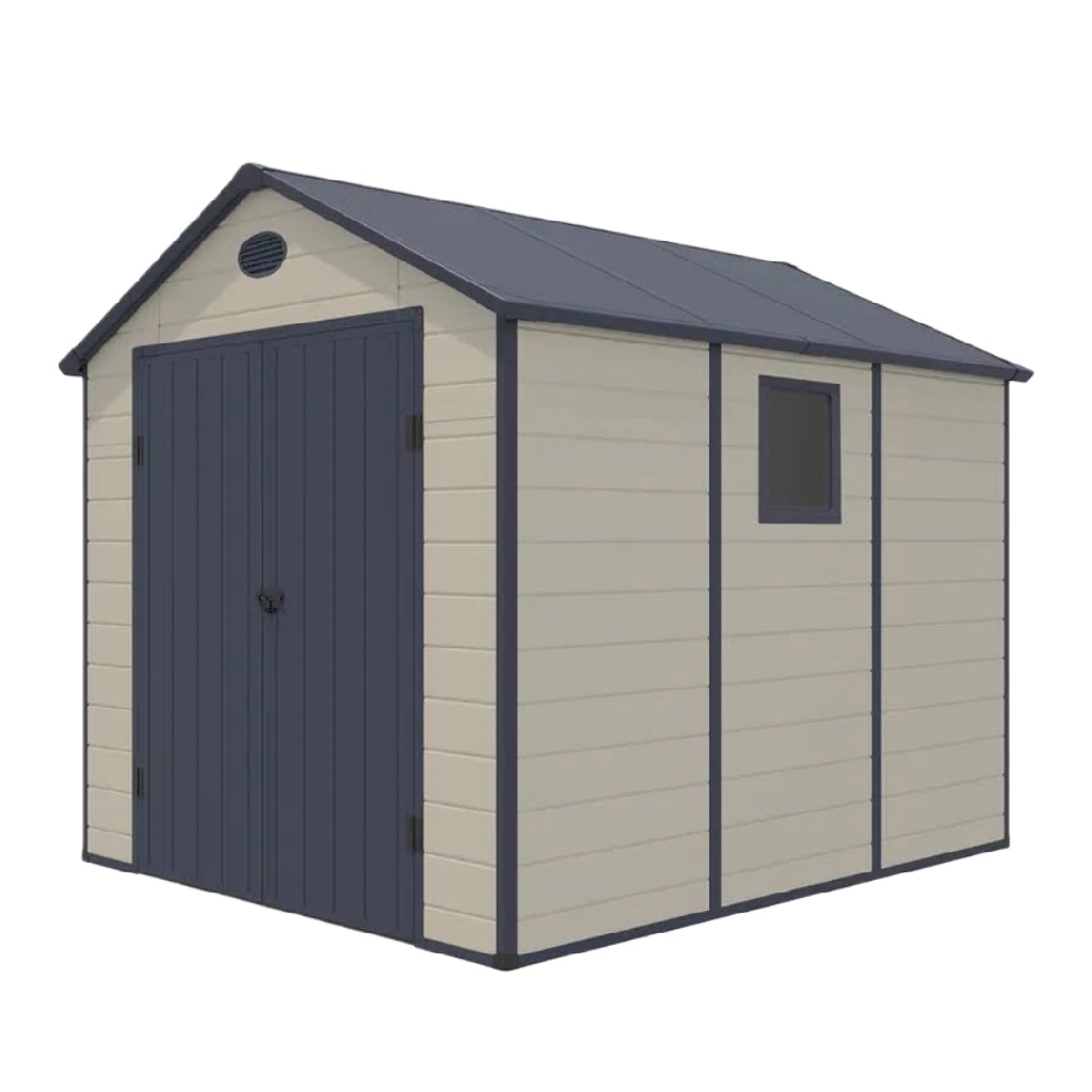 Abri de Jardin en Résine Effet Bois avec Fenêtre et Double Porte – Couleur Beige et Gris