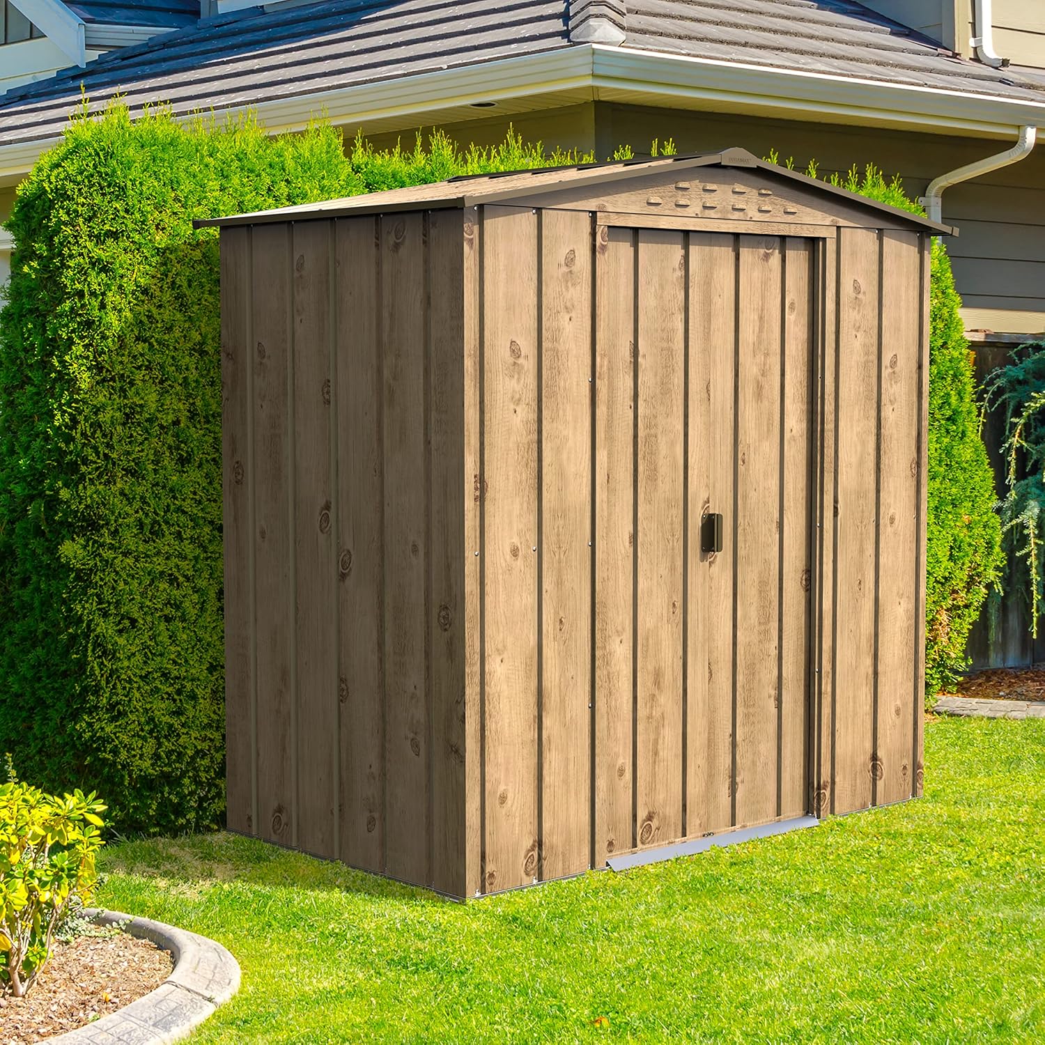 Duramax TOP Shed 6 x 4 (2.17 m²) Abri de jardin en métal, fabriqué en acier galvanisé, structure de toit renforcée, abri de jardin en métal sans entretien et résistant aux intempéries, Grain de bois