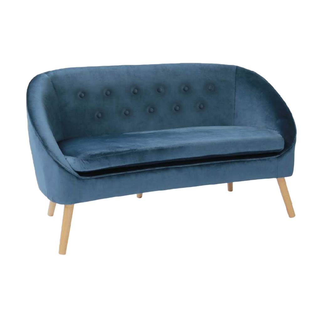 Canapé 2 places en velours bleu – style scandinave rétro avec pieds en bois naturel – confort élégant