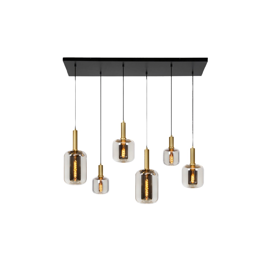 Suspension à six lampes en verre fumé et laiton – style contemporain