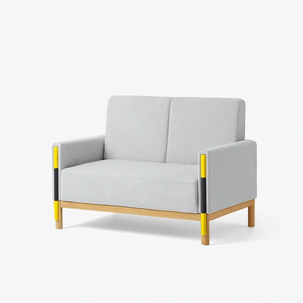 Canapé en tissu avec base en bois et accoudoirs jaunes