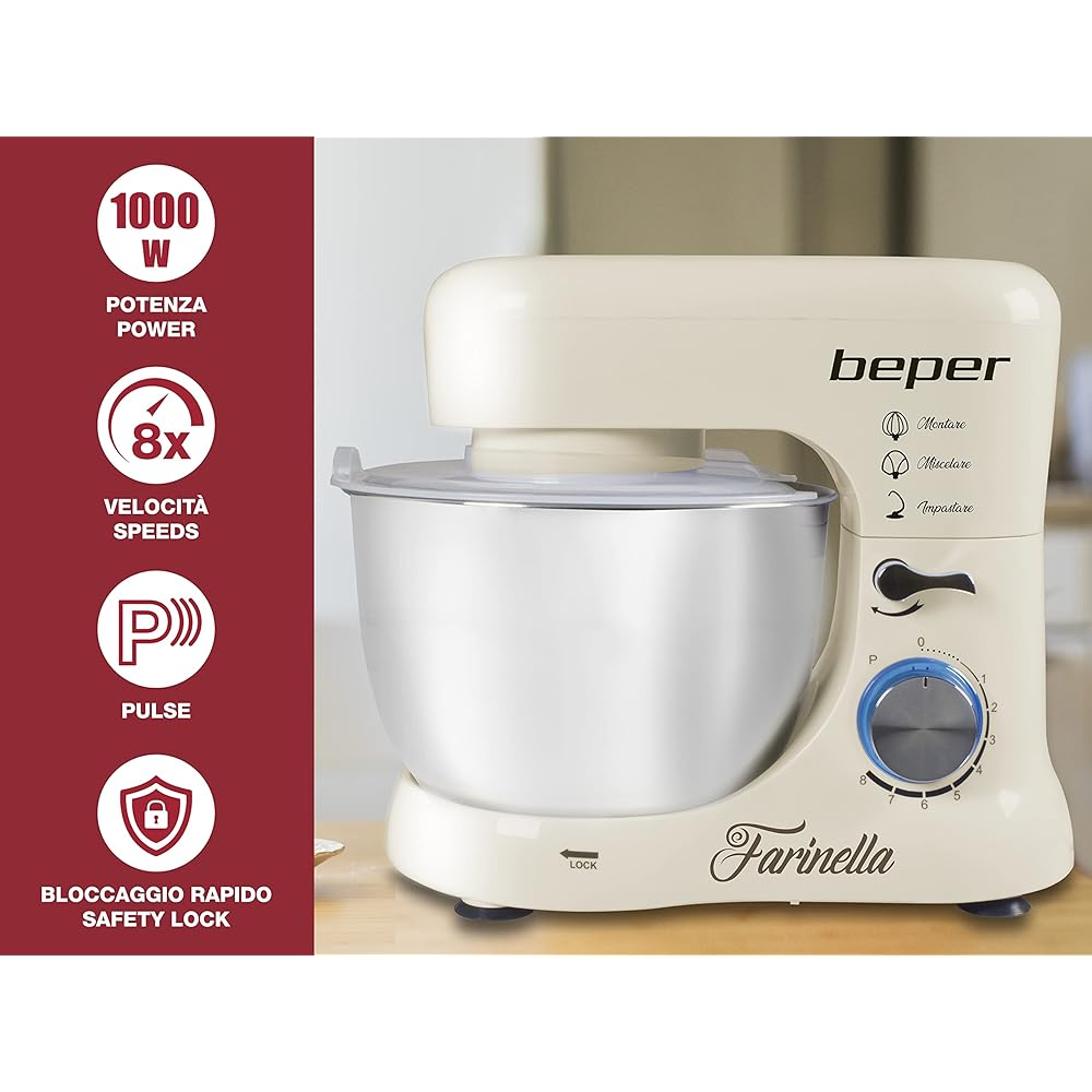 Beper BP.200 Robot pâtissier planétaire, puissance 1000 W, récipient en acier inoxydable de 4,5 L, pour pétrir, amalgamer et monter à neige, couleur crème : Cuisine et Maison