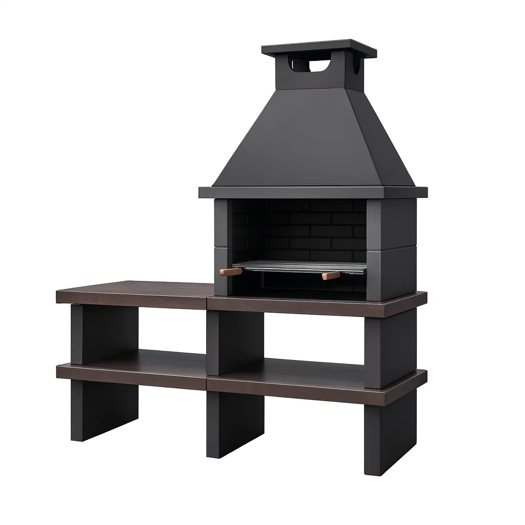 Barbecue en béton noir avec étagères et grille réglable
