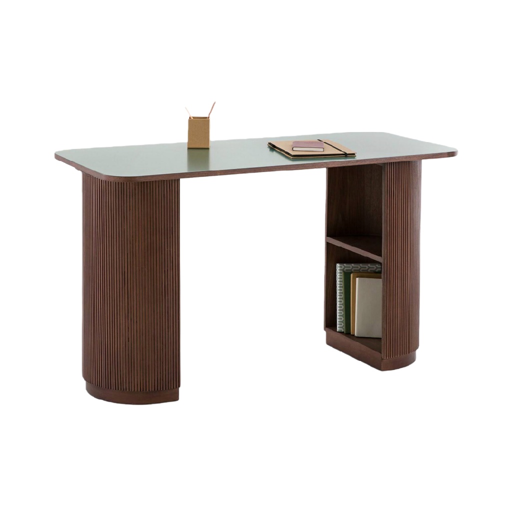 Bureau design en noyer foncé – pieds cylindriques cannelés avec rangement latéral