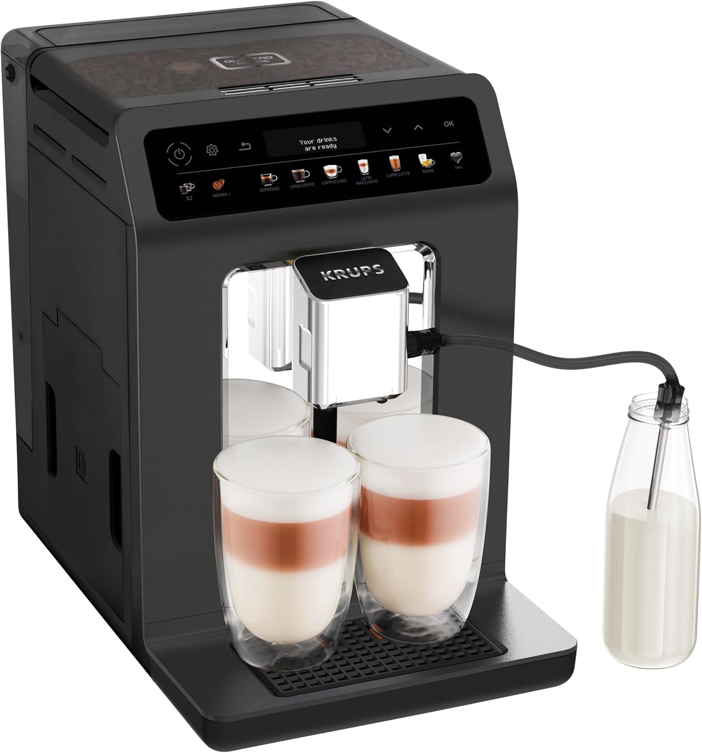 KRUPS Machine à café broyeur grain, tout automatique, 12 boissons pré-enregistrées, cafetière Espresso et boissons lactées,personnalisation des boissons écran LED Evidence One EA895N10