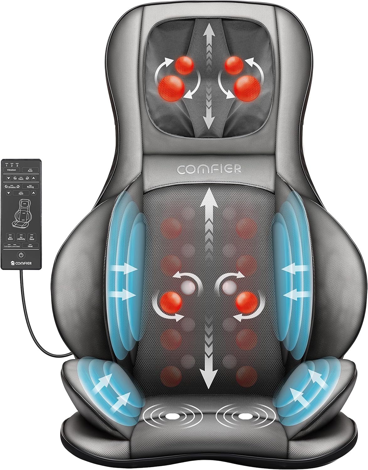 COMFIER Siège Massant Shiatsu avec Compression et Roulement - Masseur de Dos avec Chaleur, Chaise Massage de pétrissage pour Le Dos, Le Cou et Les épaules, Cadeau Papa Maman Femme Homme