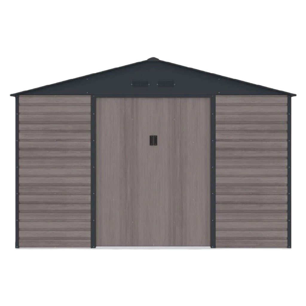 Abri de jardin imitation bois en métal gris – toit double pente – cabane extérieure de rangement avec portes coulissantes