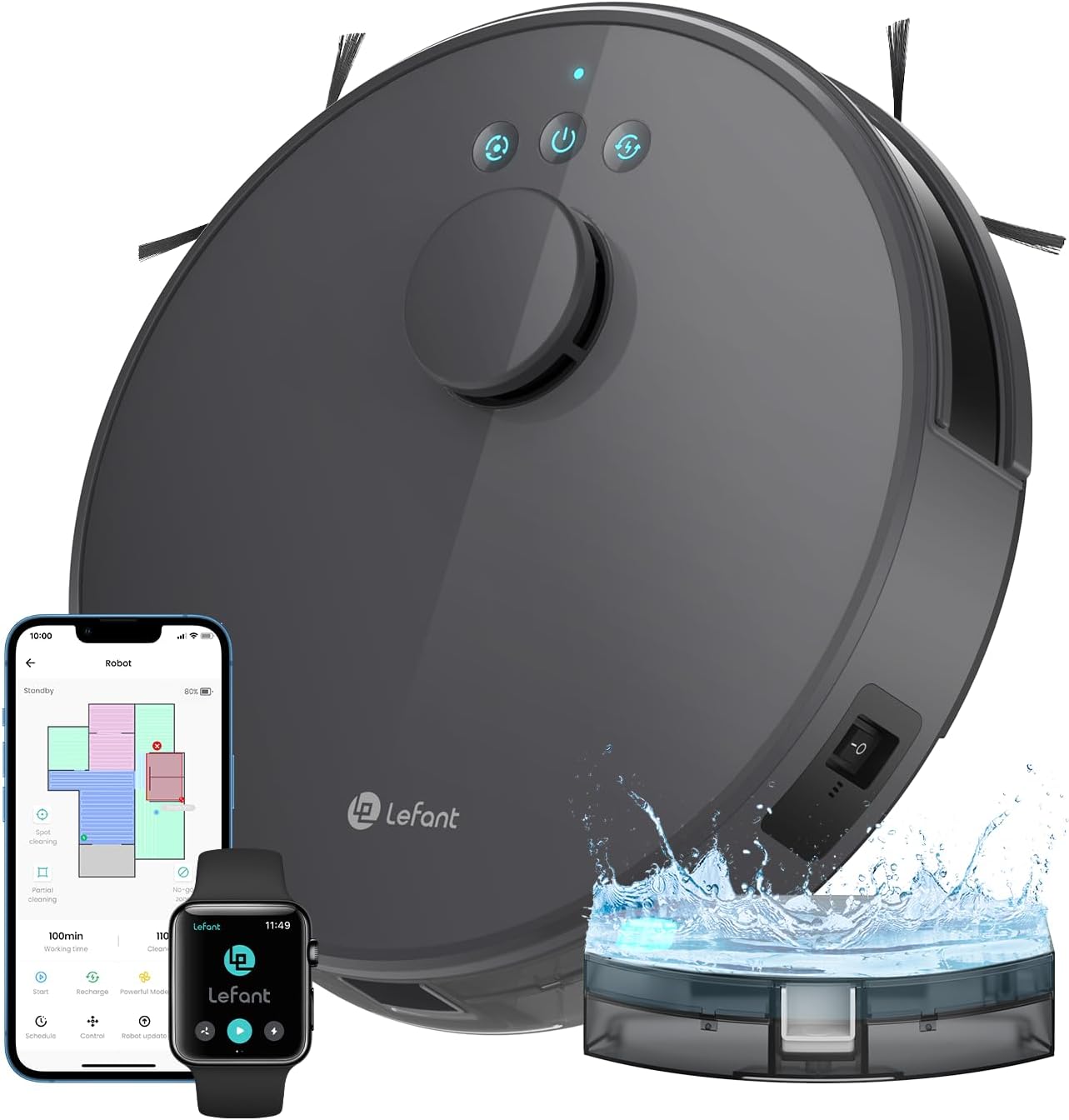 Lefant Robot Aspirateur Laveur 2 en 1 4000Pa,Navigation LiDAR, Cartographie Multi-étage,Zones Virtuelles, Connecté par Alexa/APP/WiFi,Idéal pour Poils d'animaux Tapis Sols Durs M1 Gris