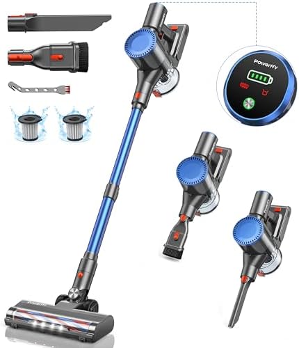 Powerffy Aspirateur Balai sans Fil, 400W/30000pa N10 Aspirateur sans Fil Puissant Jusqu'à 45mins Anti emmêlement Aspirateur Balais Vertical Léger pour Poils d'animaux/Tapis/Sols Durs : Cuisine et Maison