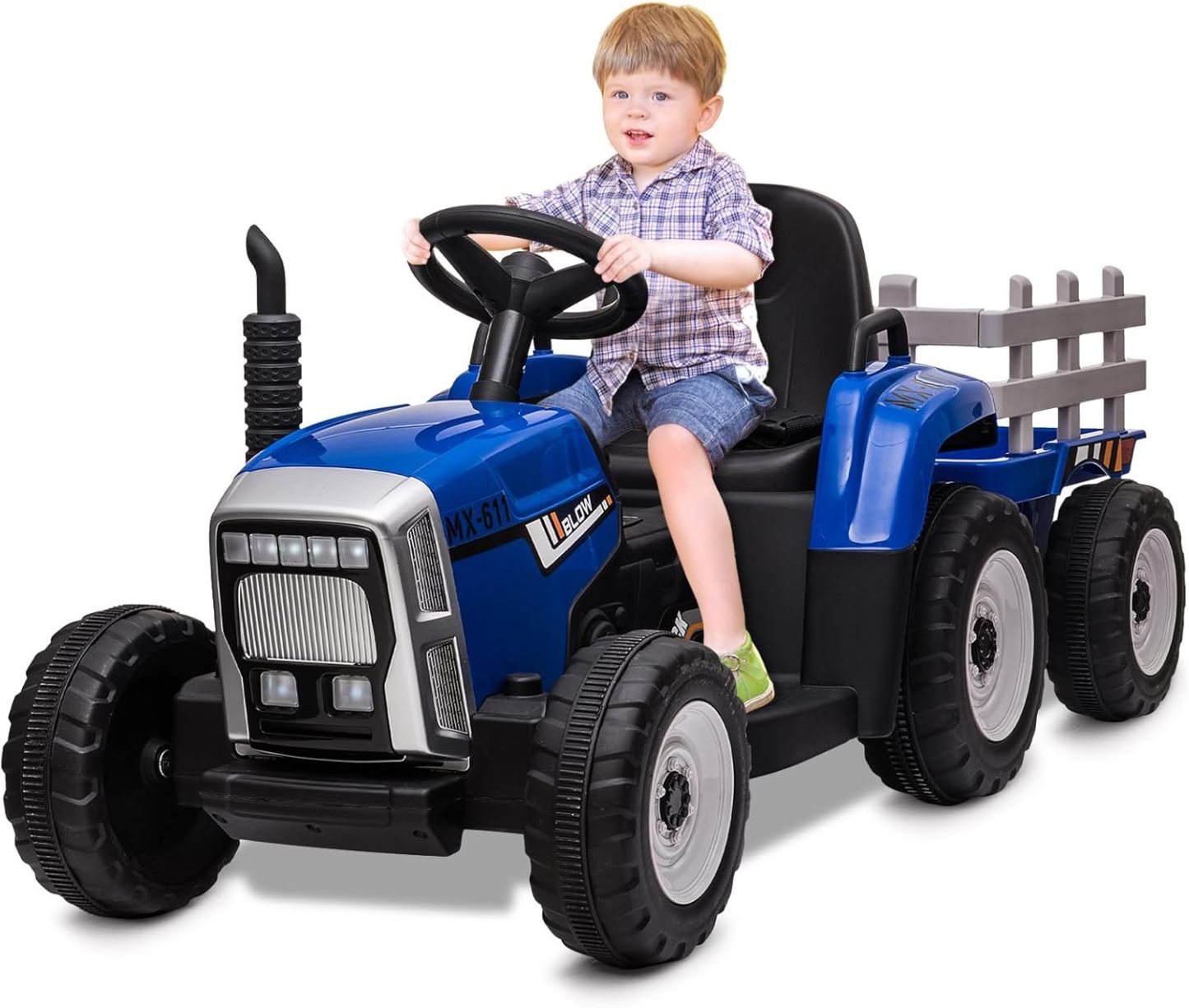 HAUSPROFI 12V 3-Gang Kinder Elektroauto mit Anhänger, Elektro Traktor 2 Fahrmodi, 2,4G-Fernbedienung, Kinder Traktor LED-Licht, Bluetooth, Musik, USB, Elektrischer Traktor für kinder ab 3 Jahren, Grün