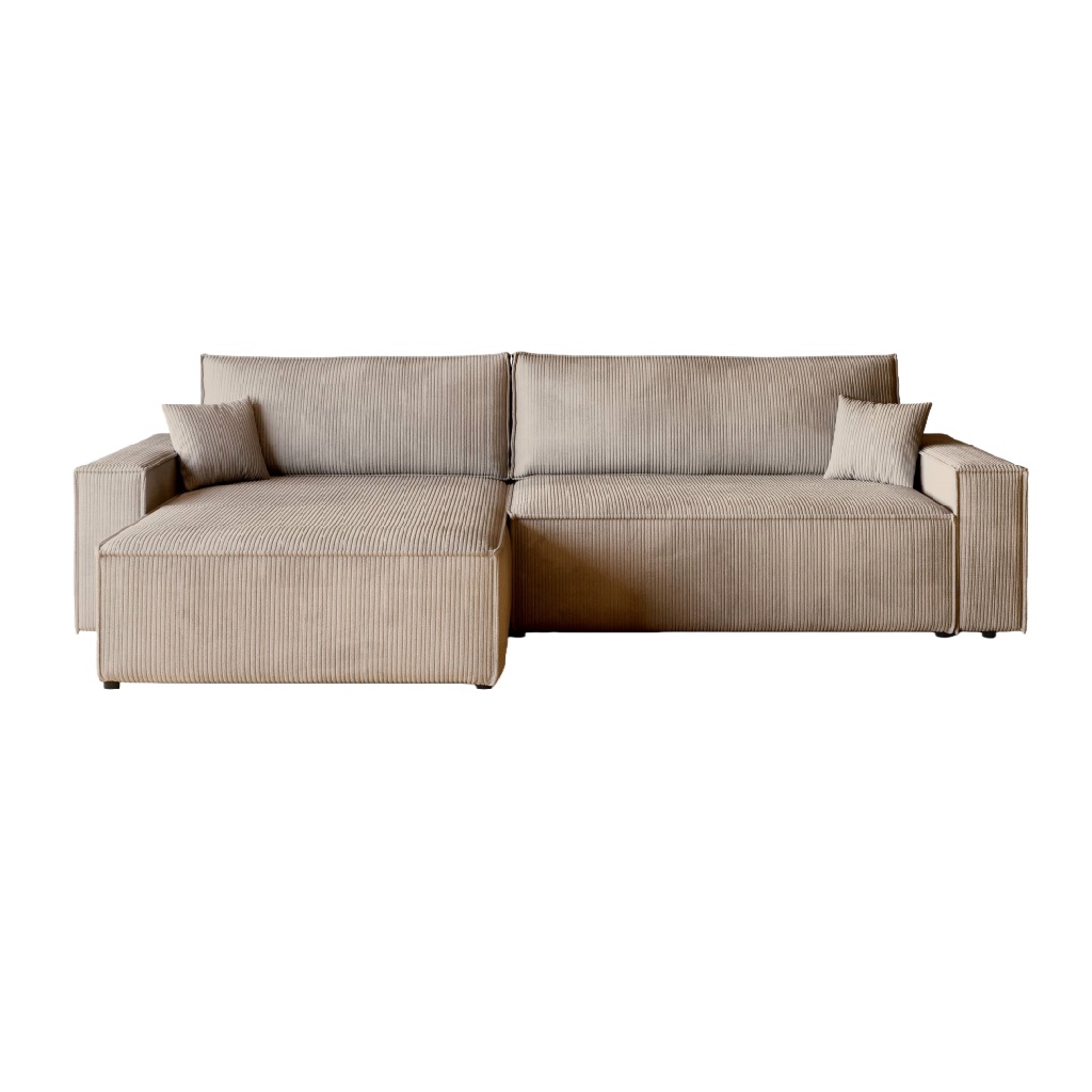 Canapé d’angle convertible en velours côtelé beige clair avec méridienne