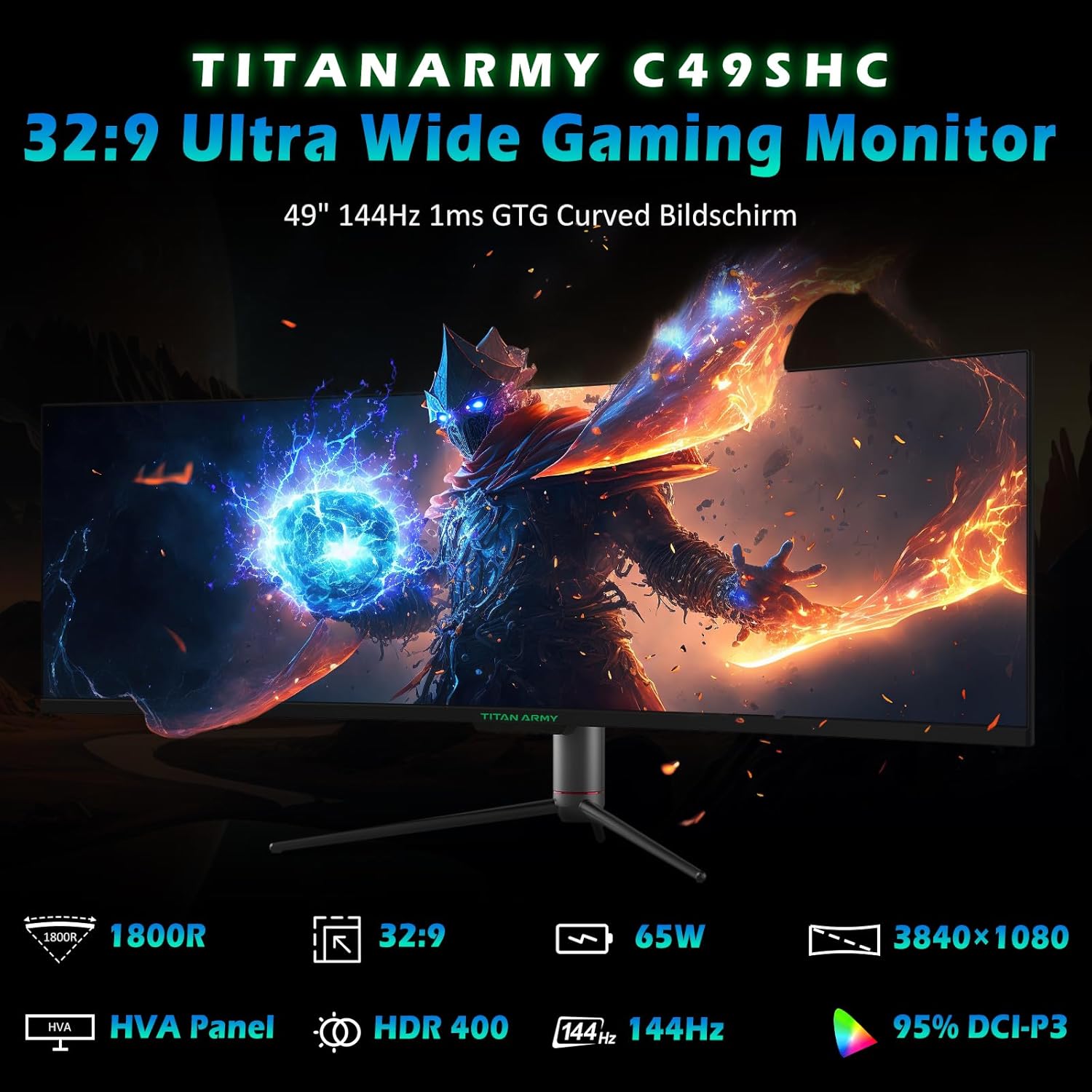 TITAN ARMY 49“ Ecran PC Gamer Incurvé, 144Hz, DFHD 3840 x 1080, Ultrawide 1800R VA Ecran Gaming, 32:9, HDR400, G-Sync & FreeSync, 99% sRGB, USB Type-C 65W, Réglable en Hauteur, HDMI, DP, C49SHC