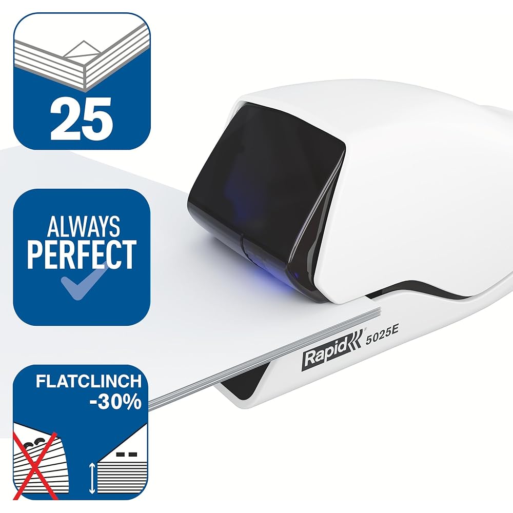 Agrafeuse électrique Sans Contact Rapid 5025E - Agrafe jusqu'à 25 feuilles, Système de Cassette Breveté, Système de Guidage par LED, Technologie Flat Clinch, blanc, 25095200 : Fournitures de bureau