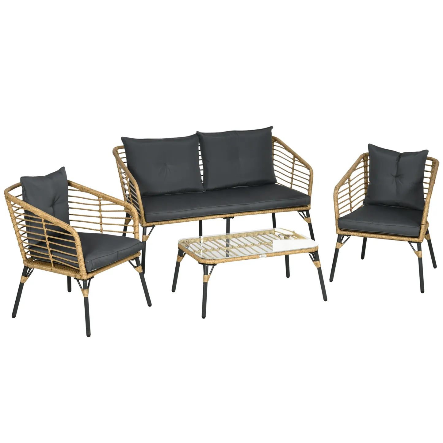 Outsunny Polyrattan Gartensofa-Set 4-tlg. Boho-Stil Glas-Couchtisch