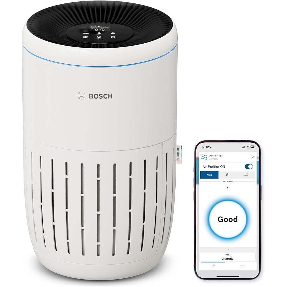 Bosch Air 2000i - Purificateur d'air intelligent - Couvre 37,5 m2 - Filtre efficacement plus de 99% des polluants - Mode auto/sommeil (< 25 dB(A)) - CADR : 180 m3/h - Connectivité avec écran et app : Cuisine et Maison