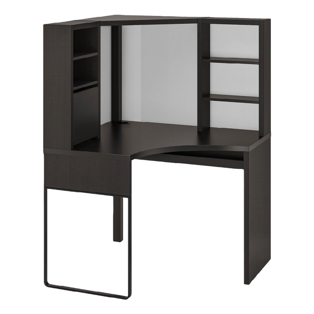 Bureau d’angle en bois sombre avec étagères intégrées — Gain de place