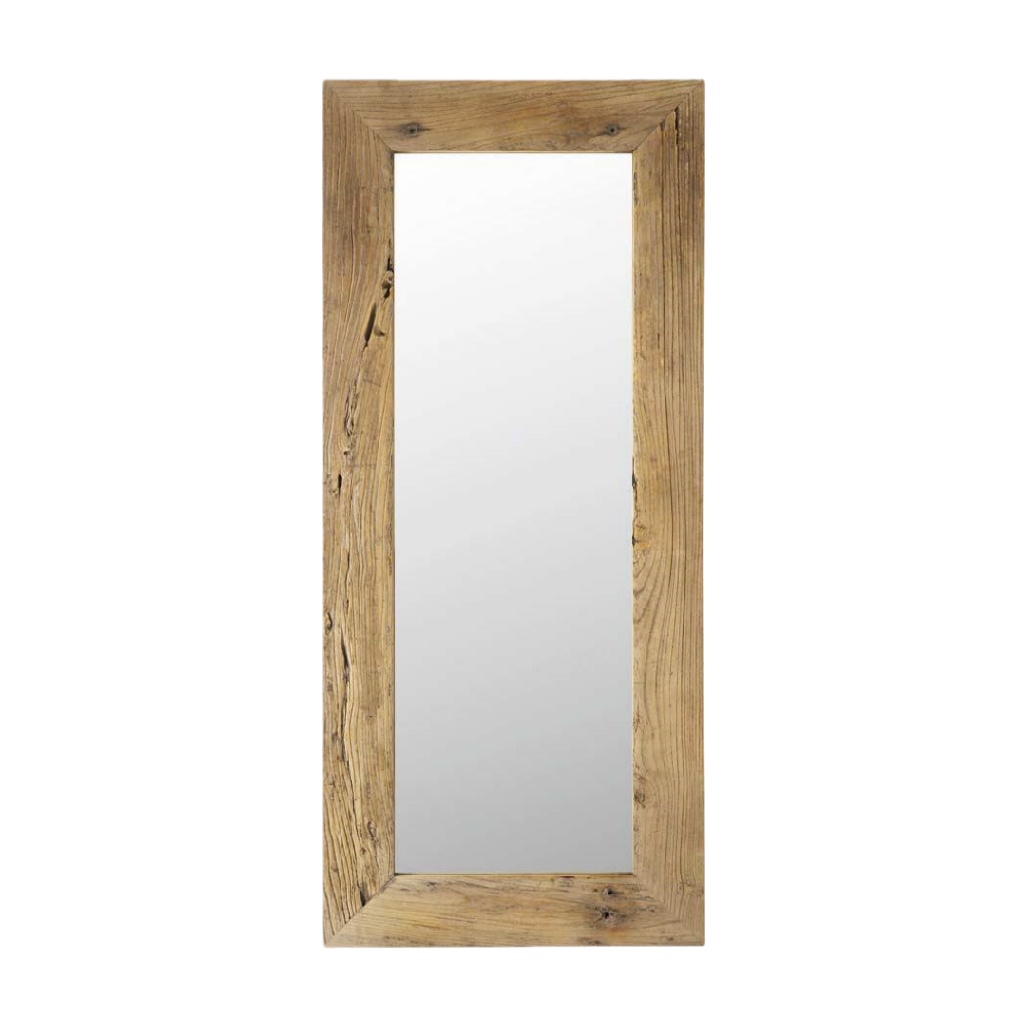Miroir mural rectangulaire avec cadre en bois recyclé, style rustique naturel, 160 × 70 cm