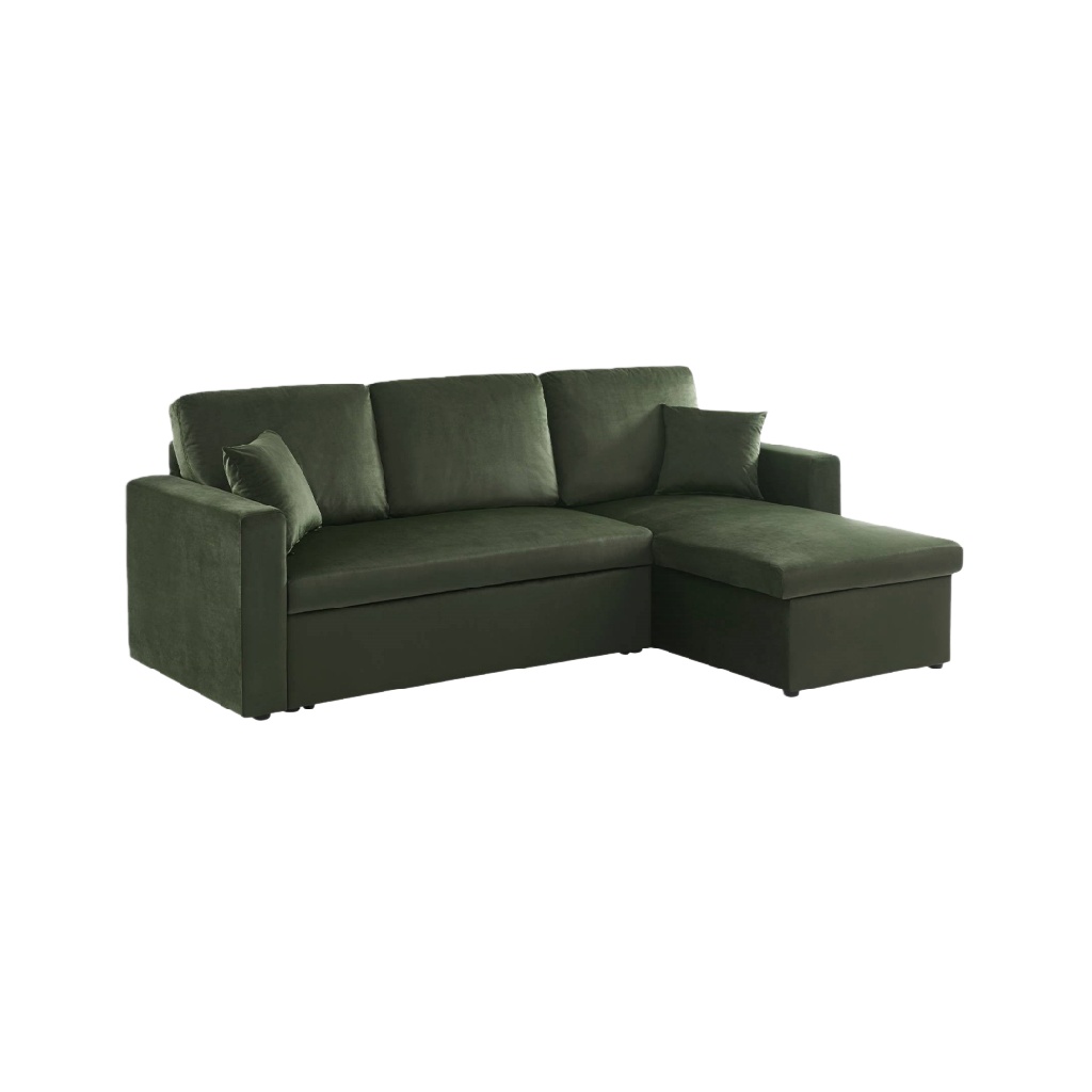 Canapé d’angle droit convertible en velours vert – avec coffre de rangement – confort moderne
