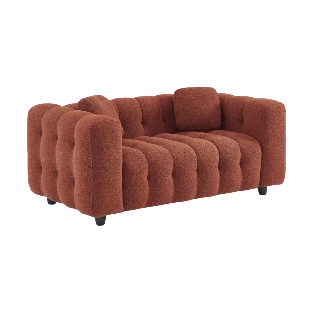 Canapé 2 places en tissu bouclette marron caramel style rétro
