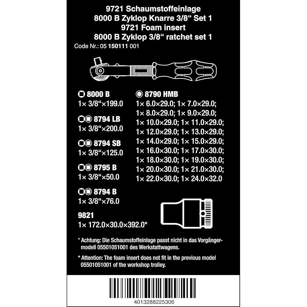 Wera 05150111001 Insert en mousse 9721, jeu de cliquet 8000 B Zyklop 3/8