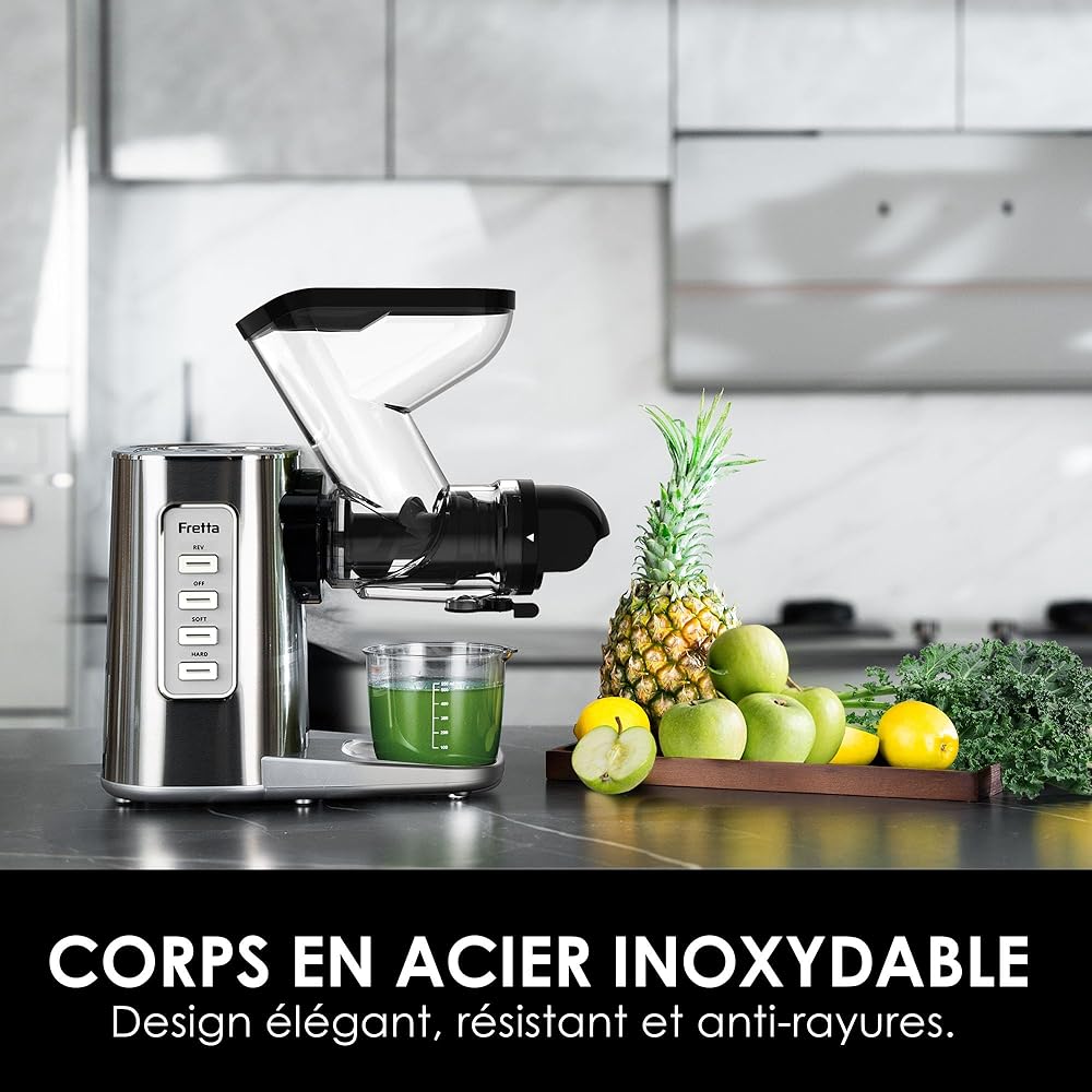 Fretta Extracteur de Jus à Froid avec Large Goulotte 76mm, Sans BPA & Corps en acier inoxydable, Extraction Lente pour Maximum de Nutriments, Facile à Nettoyer : Cuisine et Maison
