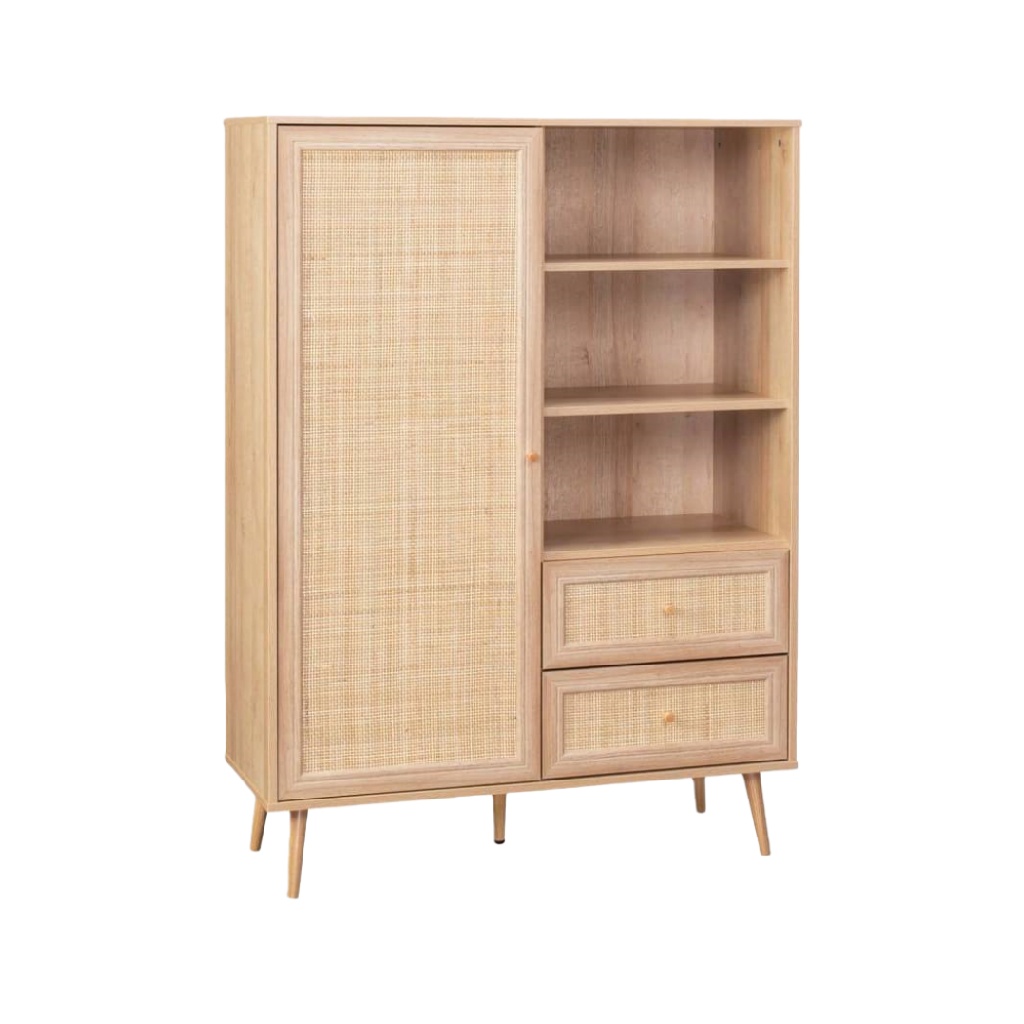 Buffet haut en bois et cannage naturel — 1 porte + 2 tiroirs + étagères ouvertes — style scandinave bohème