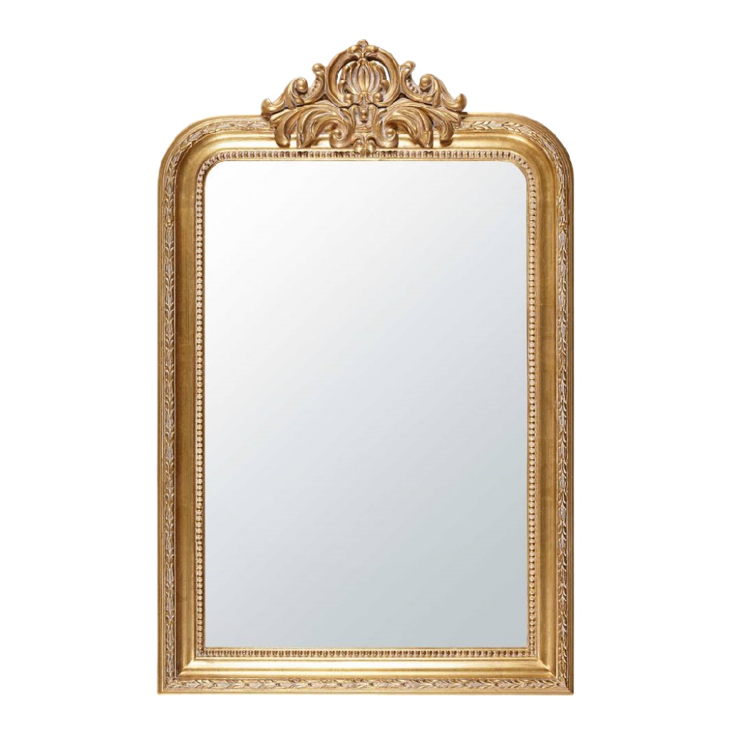 Miroir mural doré sculpté, style baroque français avec ornement supérieur, 110 × 80 cm