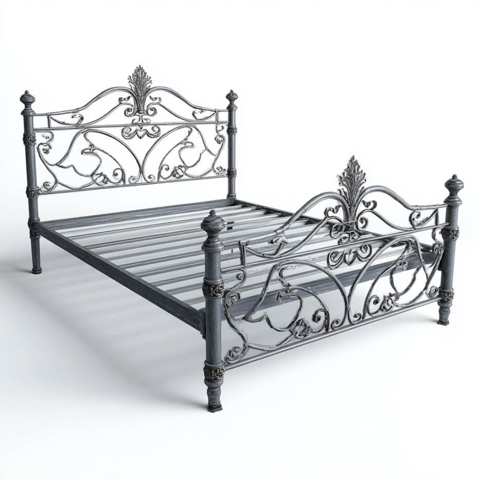 Lit double en fer forgé avec tête et pied de lit décorés