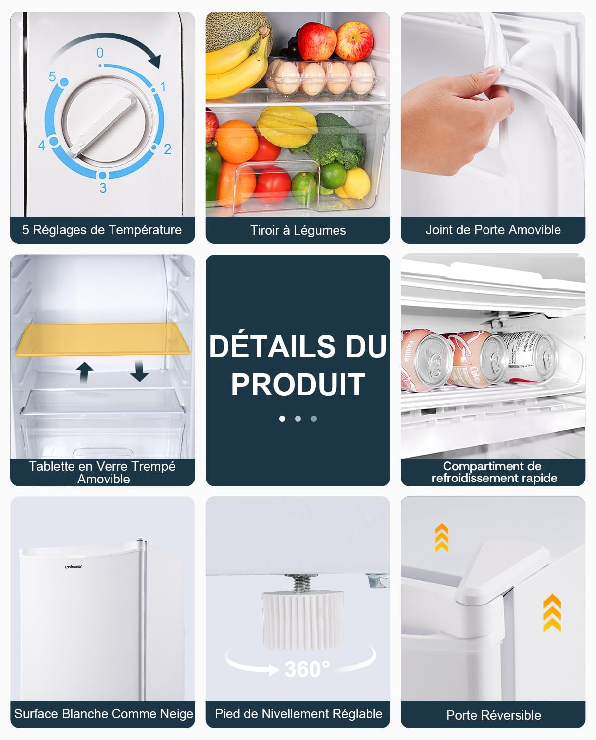 Upstreman Petit Frigo avec Congélateur de 91L, Bac à Légumes, Thermostat Réglable, Silencieux, Petit Frigo de Bureau, Porte Réversible, Réfrigérateur