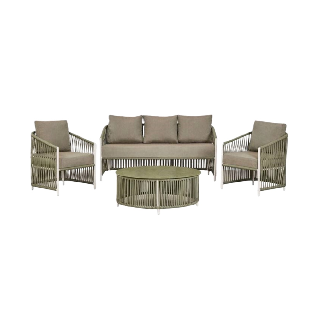 Salon de jardin en corde tressée – canapé 3 places + 2 fauteuils + table basse ronde – structure aluminium – coussins taupe