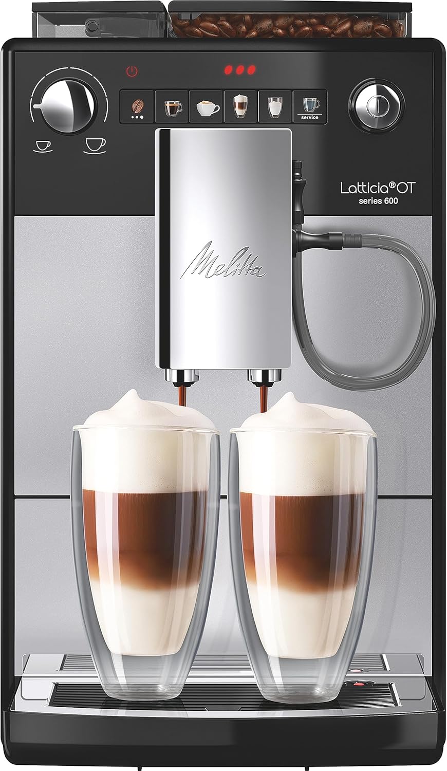 Melitta Latticia OT - Kaffeevollautomat mit Milchsystem, Kaffeemaschine mit Mahlwerk für z. B. Kaffee oder Cappuccino, silber/schwarz