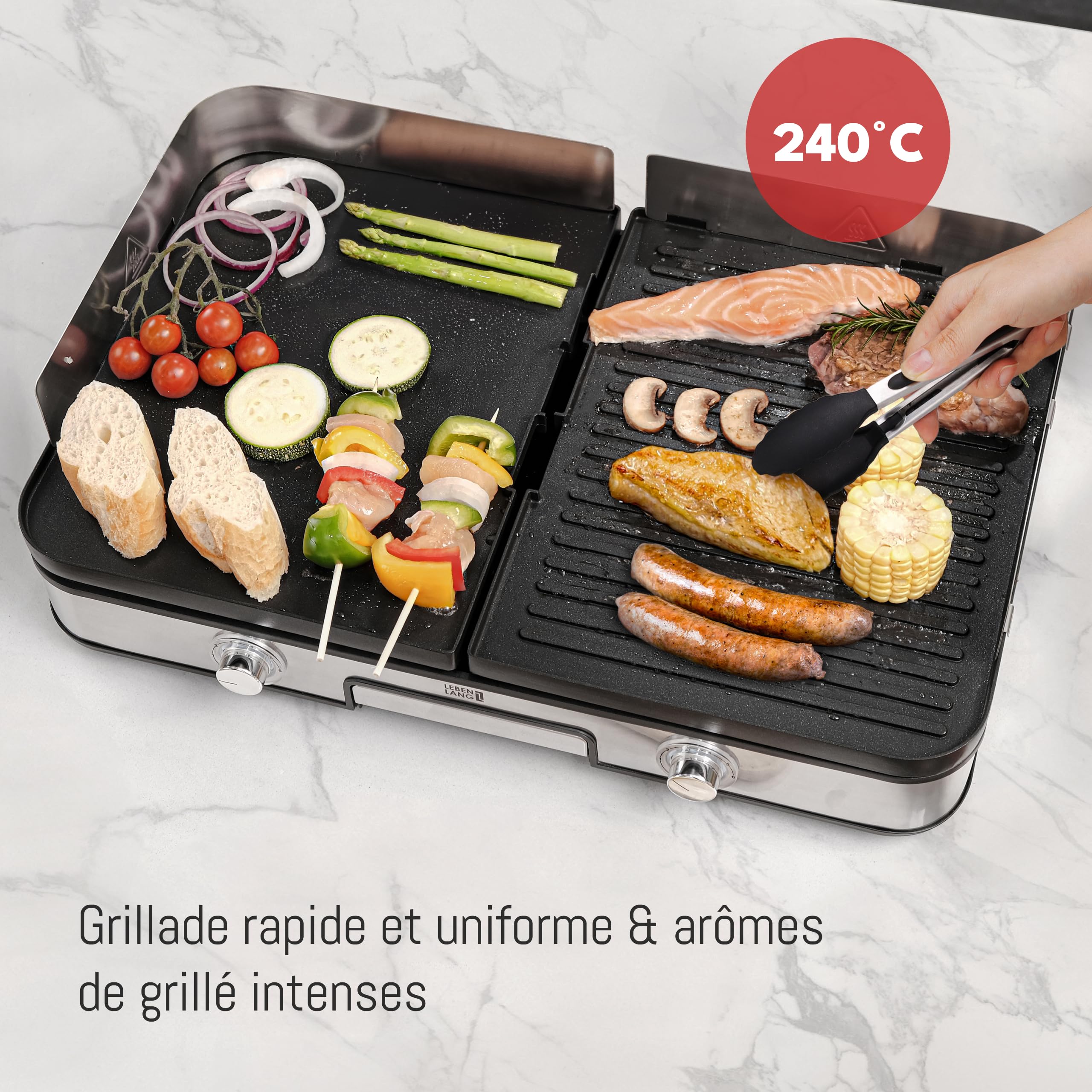 LEBENLANG 2400W Plancha électrique – Avec pince à barbecue & Protection contre les éclaboussures I Pour intérieur & exterieur I Plancha grill electrique Inox Grills électriques XXL