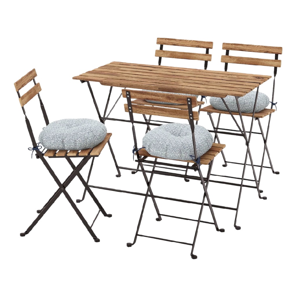 Ensemble bistrot pliant 5 pièces en bois et métal – Table rectangulaire et 4 chaises avec coussins