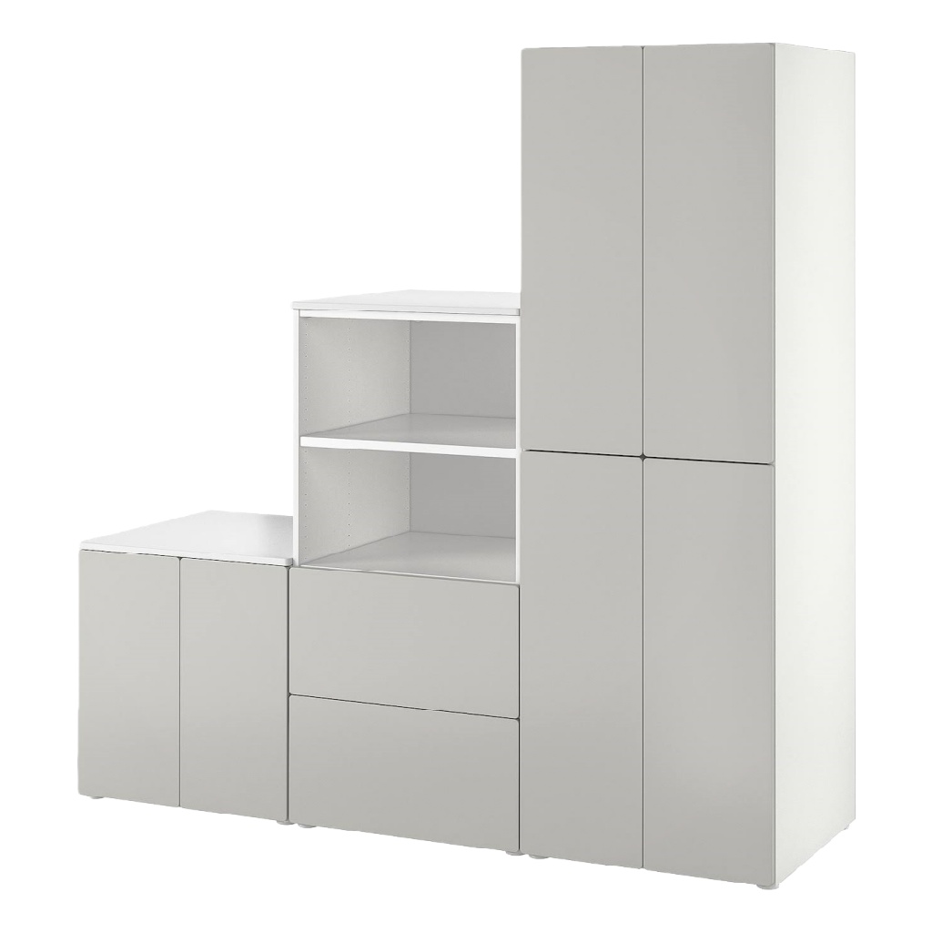 Armoire modulaire blanche avec rangements ouverts et fermés