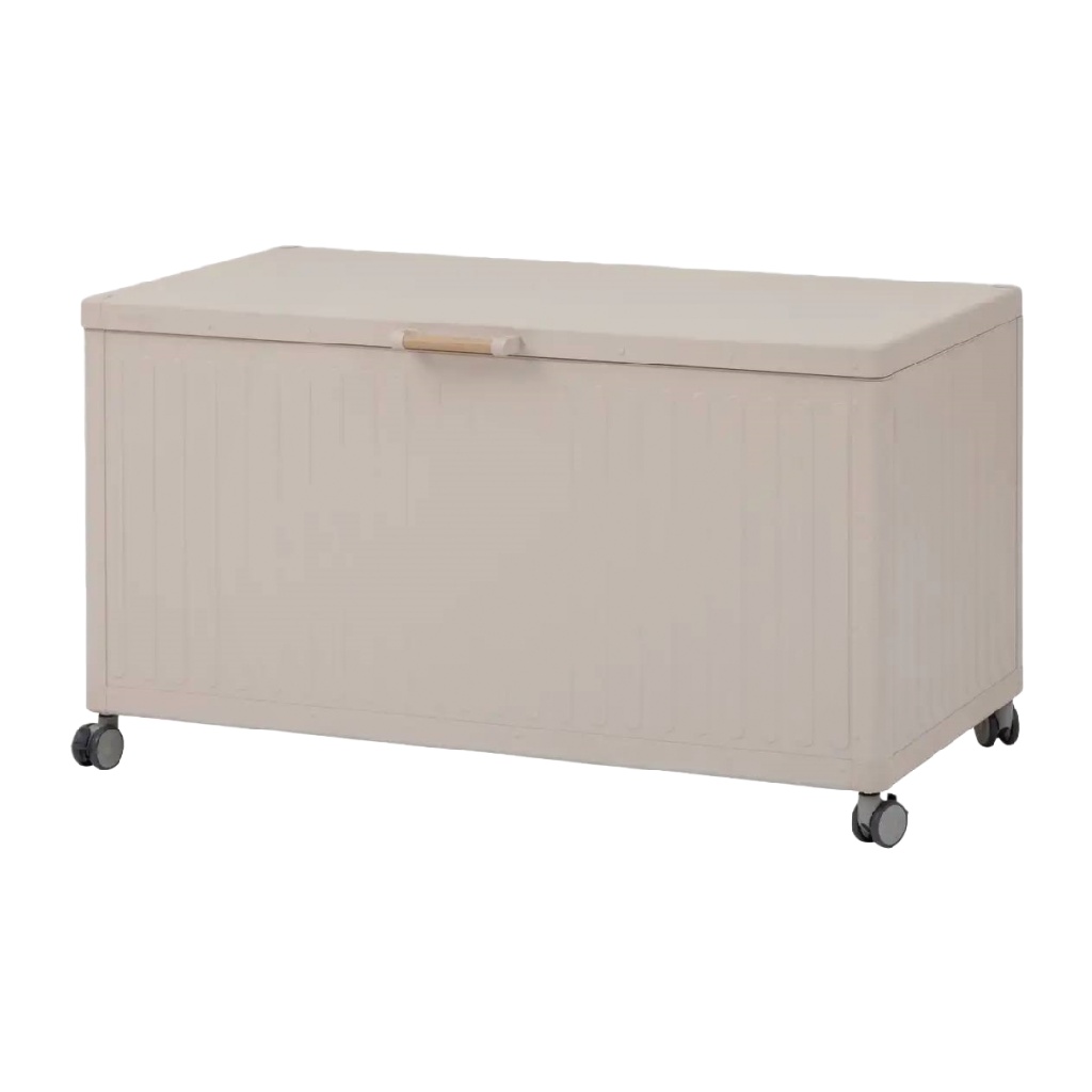 Coffre de rangement mobile beige avec roulettes, coffre multifonction en résine PP pour intérieur et extérieur
